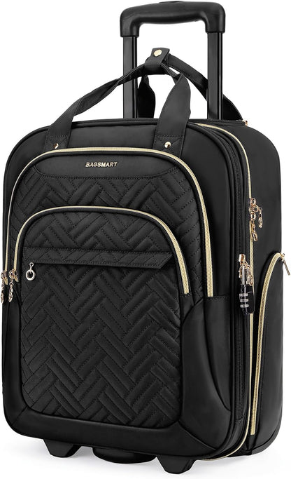 Underseat Carry On Luggage Airline approved,16-inch Small Underseater Softside Travel Suitcase with Wheels Lightweight Overnight Rolling Carry-on Luggage for Women Men Weekender,Black