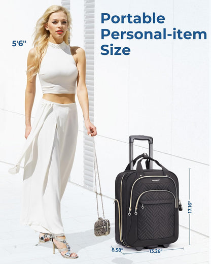 Underseat Carry On Luggage Airline approved,16-inch Small Underseater Softside Travel Suitcase with Wheels Lightweight Overnight Rolling Carry-on Luggage for Women Men Weekender,Black
