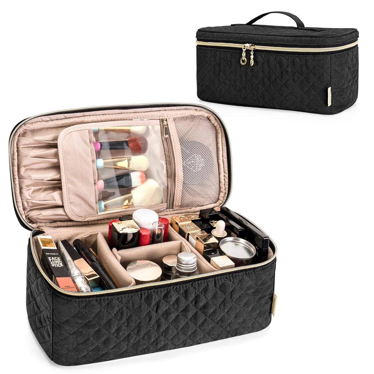 Travel Makeup Brush Case, Makeup Train Organizer Bag with Handle for Makeup Brushes(up to 9-inch) and Essentials, Medium, Black(BAG ONLY)