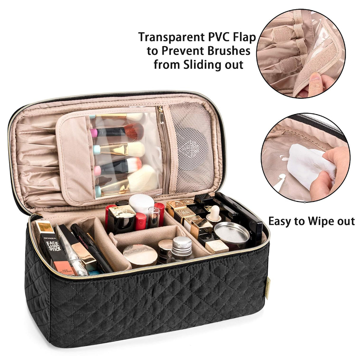 Travel Makeup Brush Case, Makeup Train Organizer Bag with Handle for Makeup Brushes(up to 9-inch) and Essentials, Medium, Black(BAG ONLY)