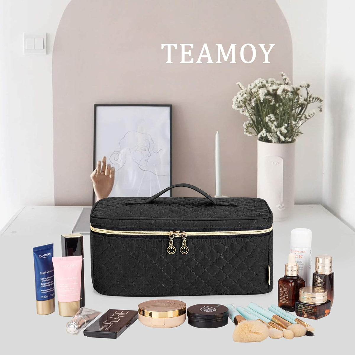 Travel Makeup Brush Case, Makeup Train Organizer Bag with Handle for Makeup Brushes(up to 9-inch) and Essentials, Medium, Black(BAG ONLY)