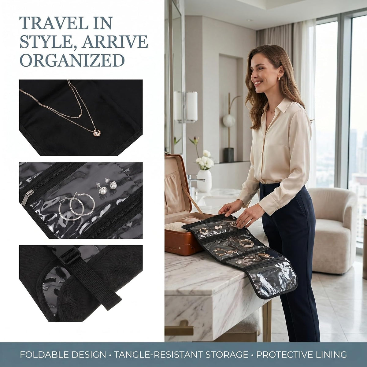 Foldable Jewelry Roll Bag Organizer Made of Sturdy Oxford Cloth with Multi Pockets, Space-saving Design for Bracelets and Rings, for Hotel Closets and Backpack Side Pockets