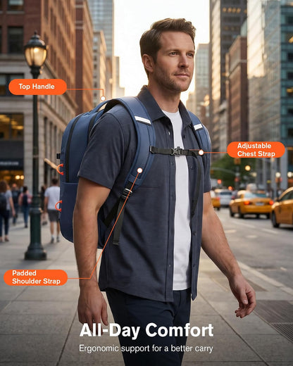 30L Travel Laptop Backpack TSA Carry-On for Business Trips Commute | 100% RPET Recycled Fabric | EVA-cushioned Laptop Protection | TSA 180° Lay-flat Opening | Reinforced Stability Base Panel