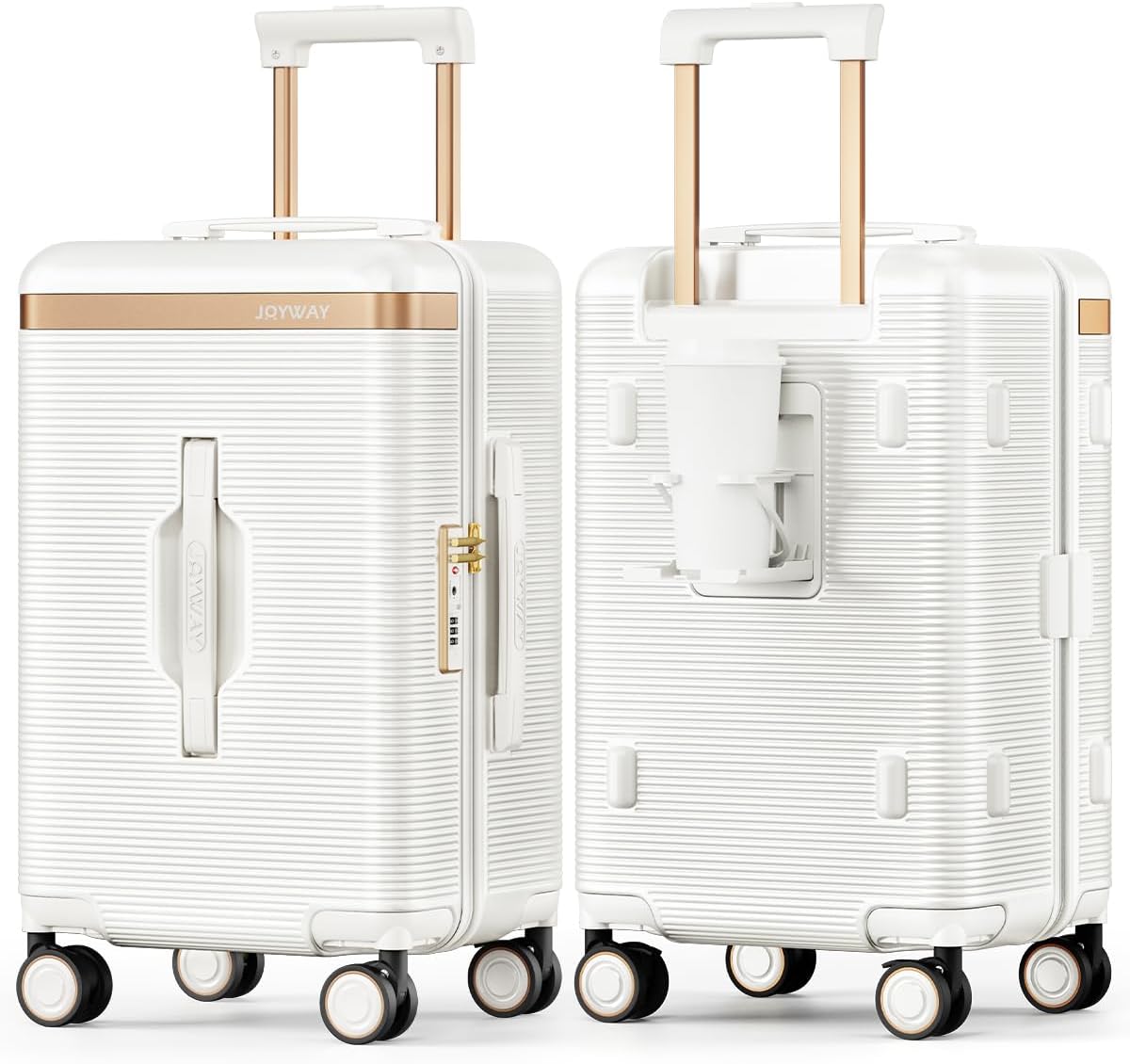 22 Inch Carry On Luggage with Spinner Wheels and Cup Holder, White | Pressure-resistant Frame, Lightweight Hard Shell Suitcase, Shock Absorbing Silent Wheels, TSA Lock, Great for Vacations