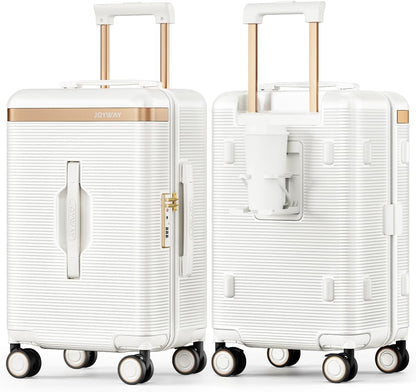 22 Inch Carry On Luggage with Spinner Wheels and Cup Holder, White | Pressure-resistant Frame, Lightweight Hard Shell Suitcase, Shock Absorbing Silent Wheels, TSA Lock, Great for Vacations