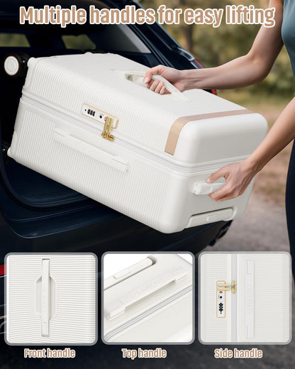 22 Inch Carry On Luggage with Spinner Wheels and Cup Holder, White | Pressure-resistant Frame, Lightweight Hard Shell Suitcase, Shock Absorbing Silent Wheels, TSA Lock, Great for Vacations