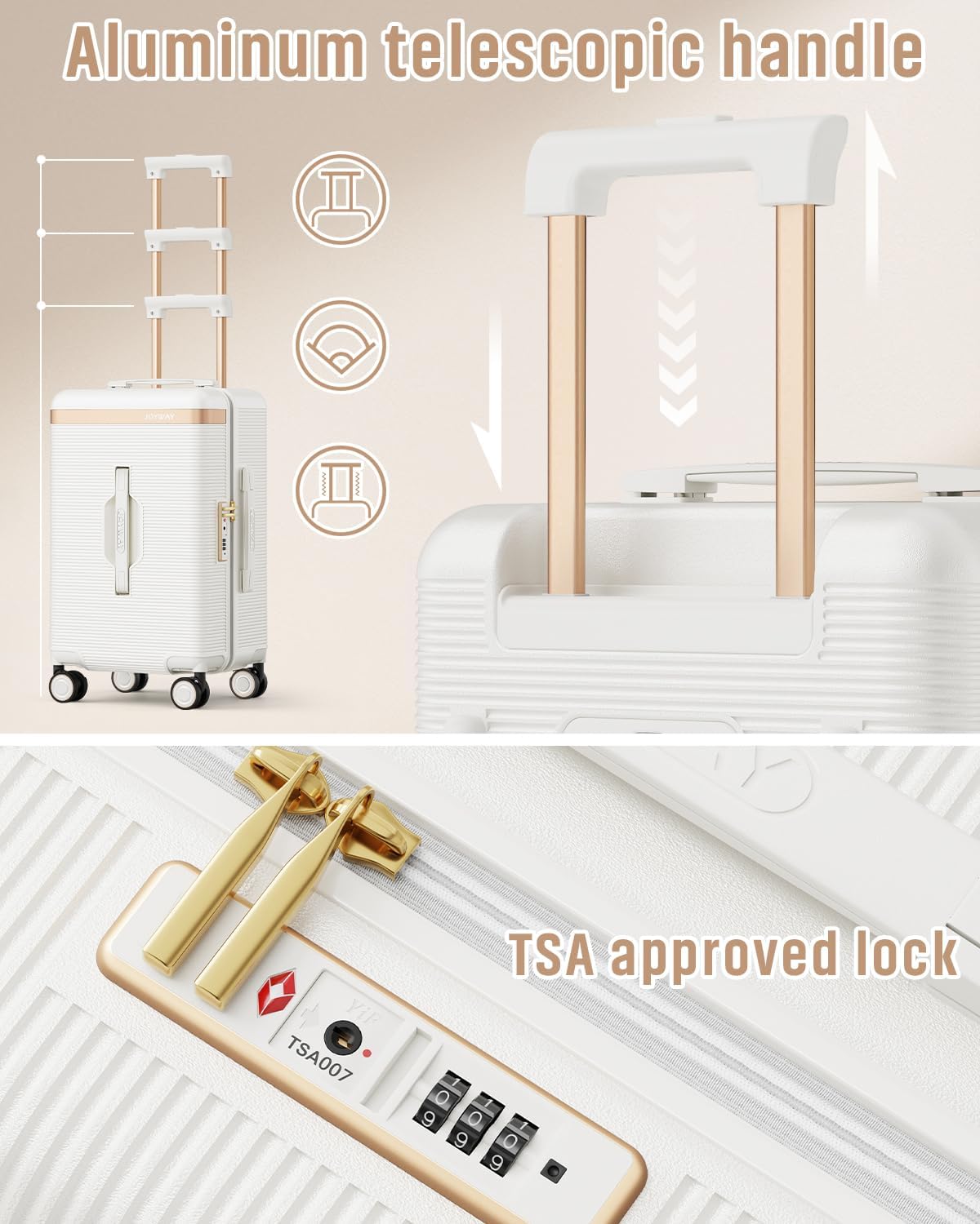 22 Inch Carry On Luggage with Spinner Wheels and Cup Holder, White | Pressure-resistant Frame, Lightweight Hard Shell Suitcase, Shock Absorbing Silent Wheels, TSA Lock, Great for Vacations