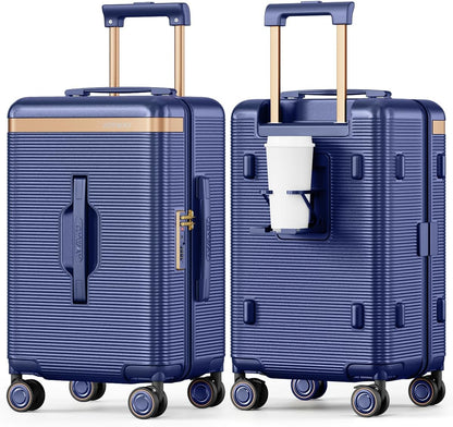 22 Inch Carry On Luggage with Spinner Wheels and Cup Holder, White | Pressure-resistant Frame, Lightweight Hard Shell Suitcase, Shock Absorbing Silent Wheels, TSA Lock, Great for Vacations