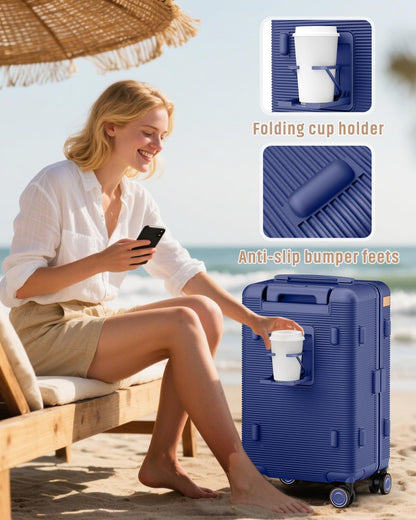 22 Inch Carry On Luggage with Spinner Wheels and Cup Holder, White | Pressure-resistant Frame, Lightweight Hard Shell Suitcase, Shock Absorbing Silent Wheels, TSA Lock, Great for Vacations