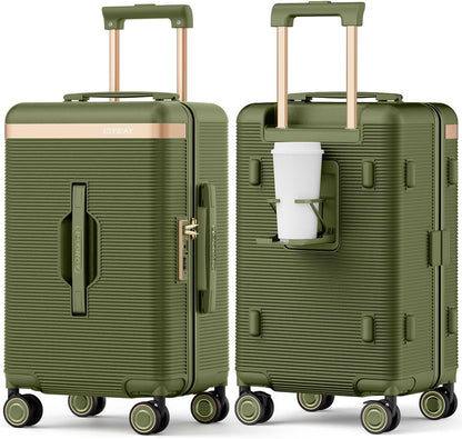22 Inch Carry On Luggage with Spinner Wheels and Cup Holder, White | Pressure-resistant Frame, Lightweight Hard Shell Suitcase, Shock Absorbing Silent Wheels, TSA Lock, Great for Vacations