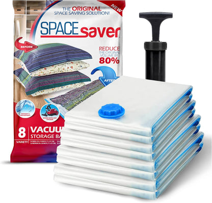 Vacuum Storage Bags with Hand Pump - Vacuum Seal Bags for Clothing, Comforters, Blankets - Reusable Compression Bags for Travel, Moving, Organization - 2S, 2M, 2L, 2XL Sizes - Pack of 8