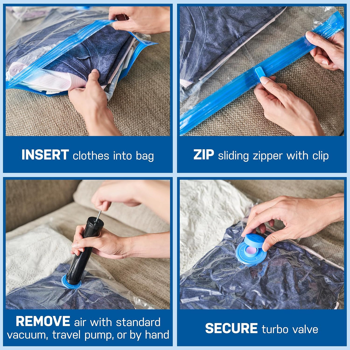 Vacuum Storage Bags with Hand Pump - Vacuum Seal Bags for Clothing, Comforters, Blankets - Reusable Compression Bags for Travel, Moving, Organization - 2S, 2M, 2L, 2XL Sizes - Pack of 8