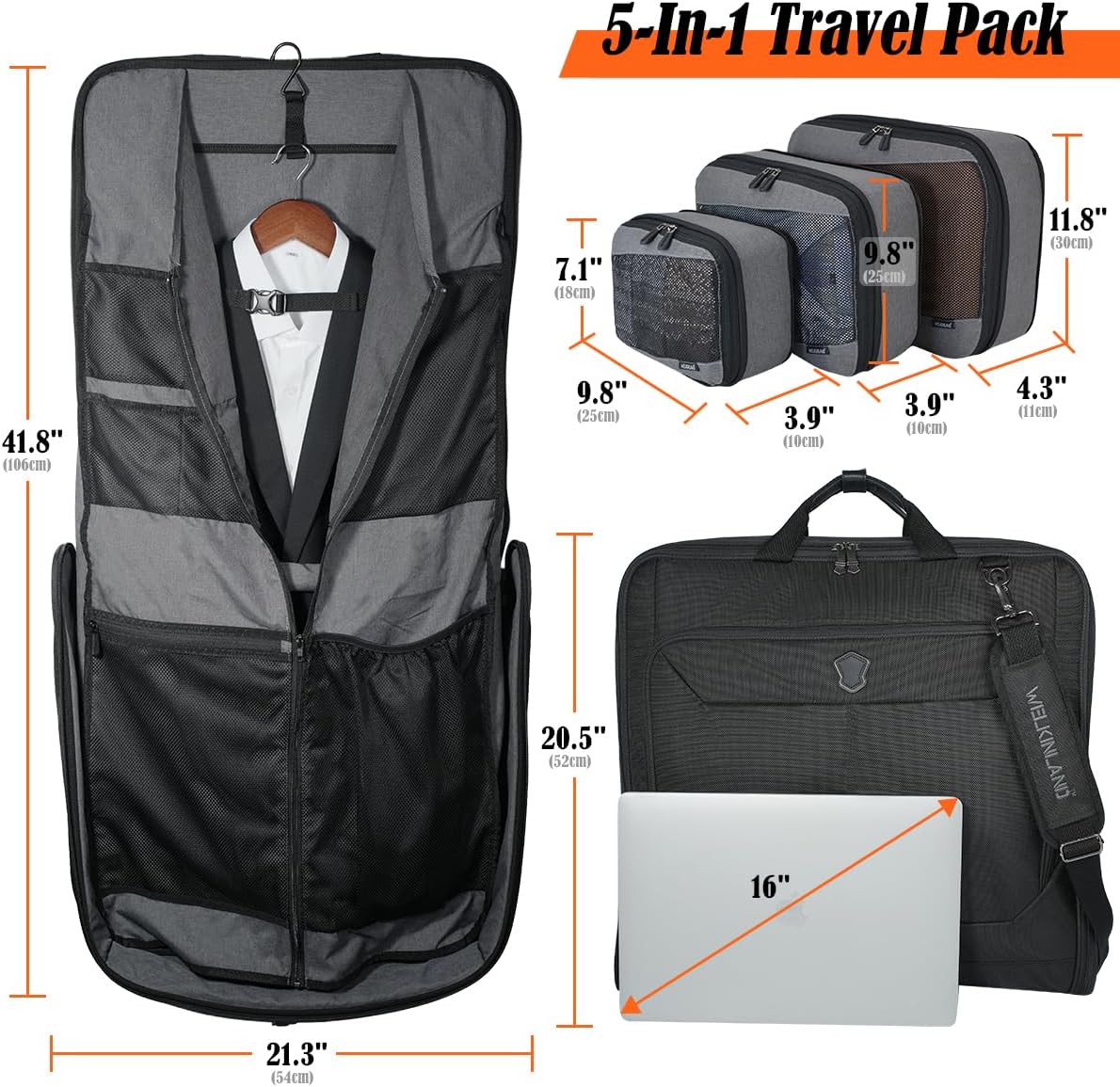 3-Suits Garment Bags for Travel W/ 4-Pack Compression Packing Cubes, 30L-Large Carry On Garment Bag for Travel, 15-Pockets Suit Holder Travel Bag, Wrinkle-Free Suit Garment Bag for Men