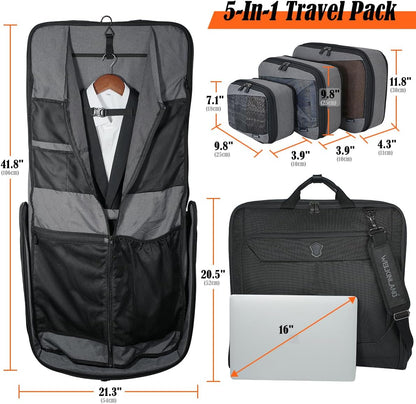 3-Suits Garment Bags for Travel W/ 4-Pack Compression Packing Cubes, 30L-Large Carry On Garment Bag for Travel, 15-Pockets Suit Holder Travel Bag, Wrinkle-Free Suit Garment Bag for Men