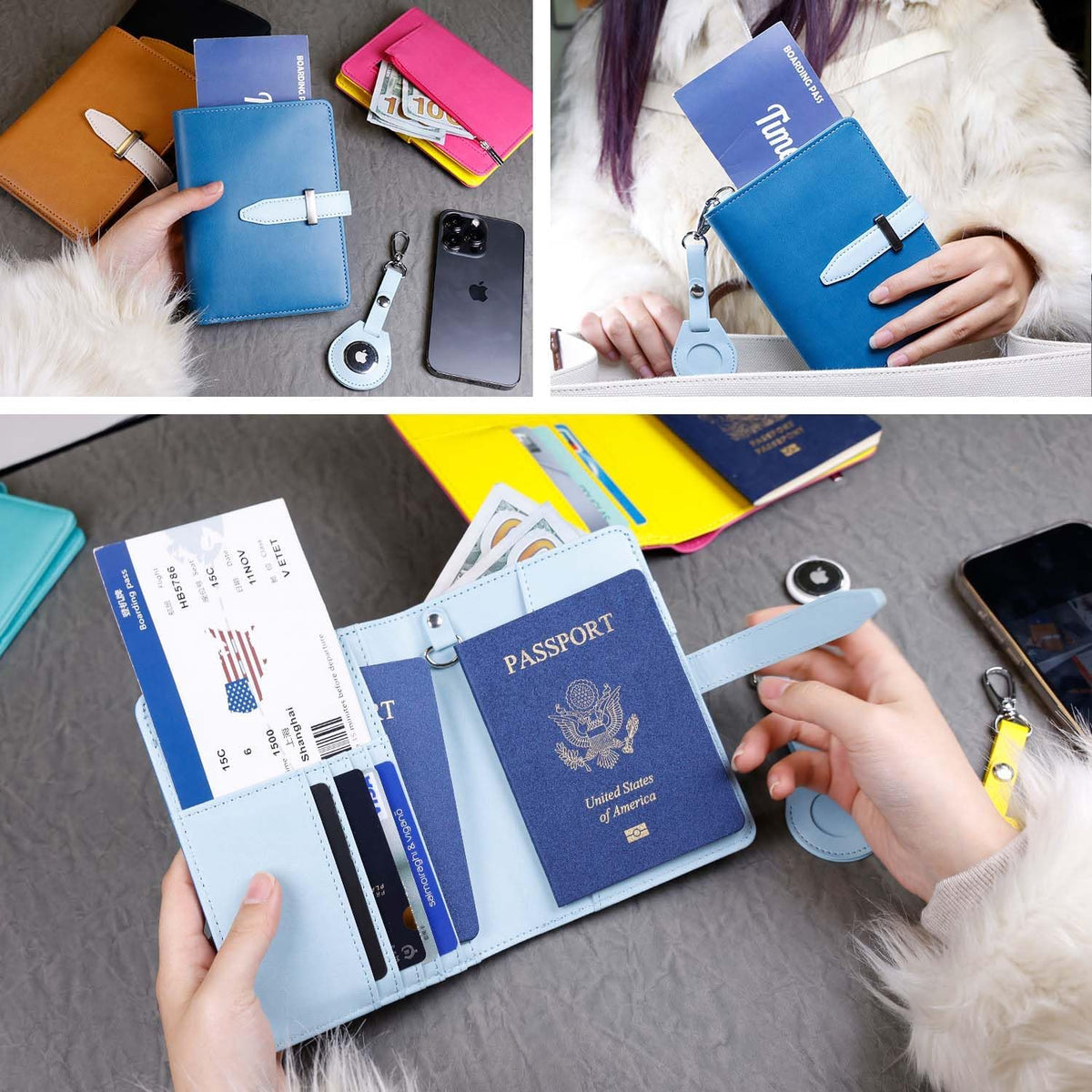 Passport wallets, Mulit-purpose RFID Blocking Passport Holder AirTag Wallet, Travel Wallet（Black）
