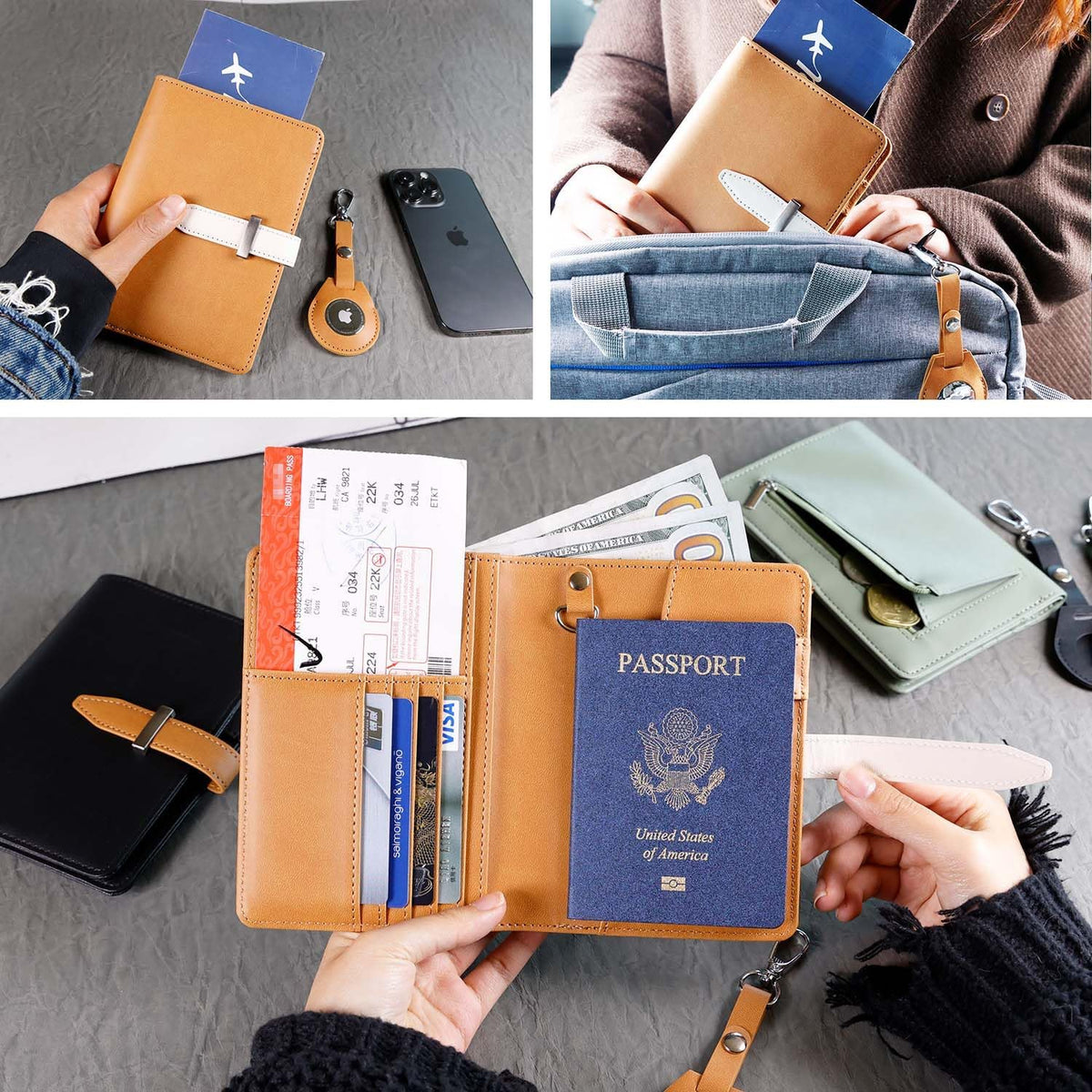 Passport wallets, Mulit-purpose RFID Blocking Passport Holder AirTag Wallet, Travel Wallet（Black）