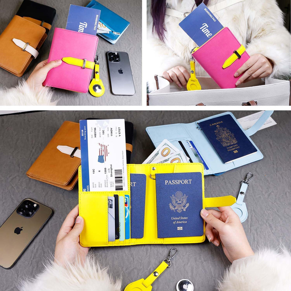 Passport wallets, Mulit-purpose RFID Blocking Passport Holder AirTag Wallet, Travel Wallet（Black）