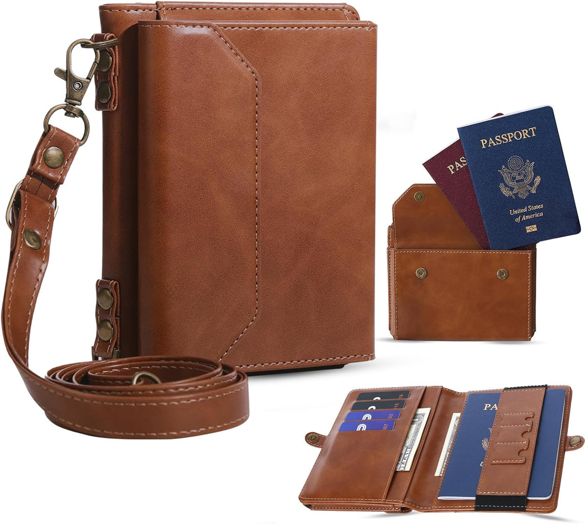 RFID Blocking Family Passport Holder Wallet,Hold 2-3 Passports for Travel with Credit Card Slots & Wrist Crossbody Strap Brown