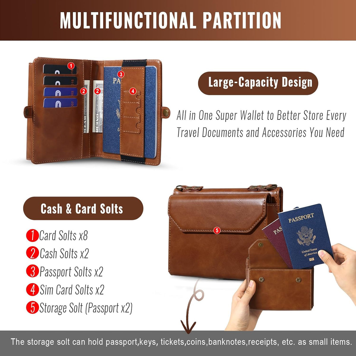 RFID Blocking Family Passport Holder Wallet,Hold 2-3 Passports for Travel with Credit Card Slots & Wrist Crossbody Strap Brown