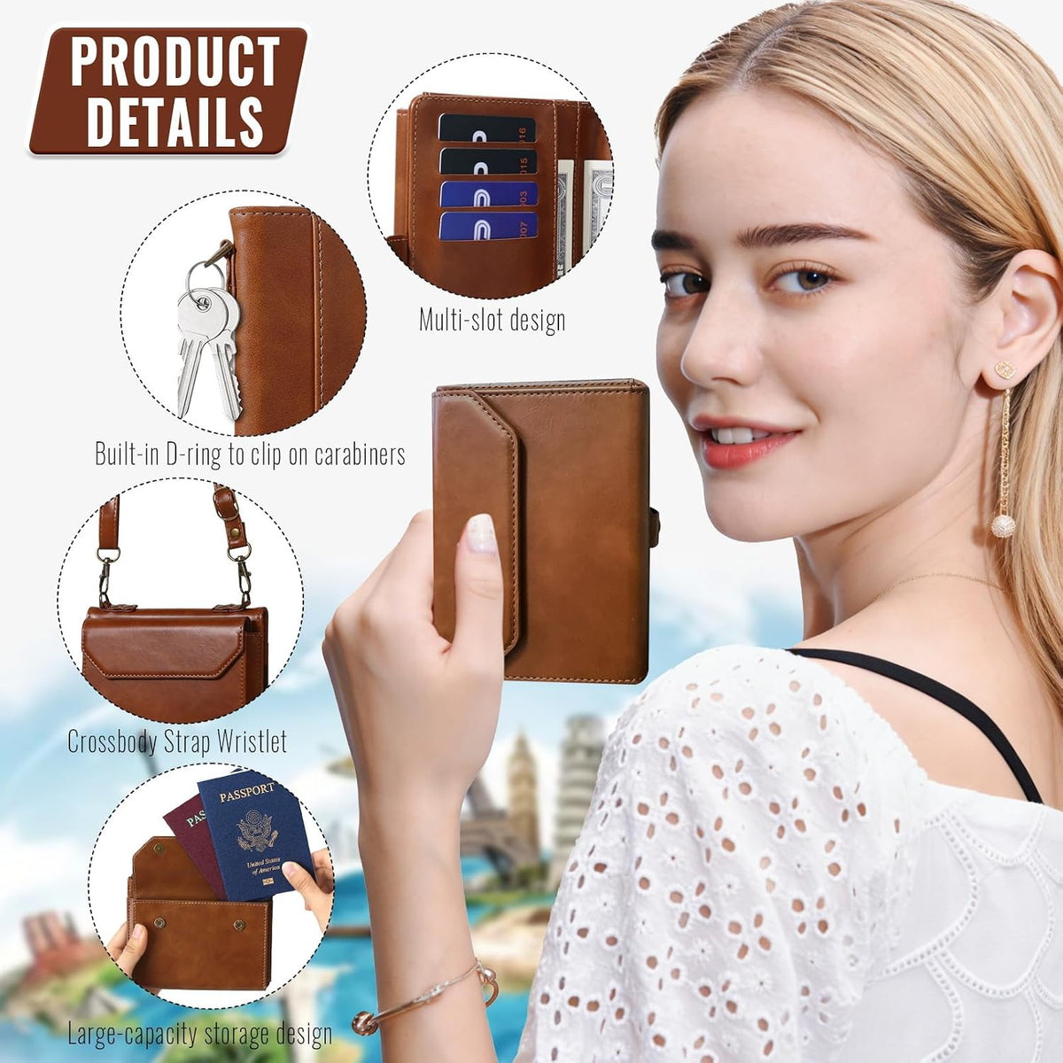 RFID Blocking Family Passport Holder Wallet,Hold 2-3 Passports for Travel with Credit Card Slots & Wrist Crossbody Strap Brown