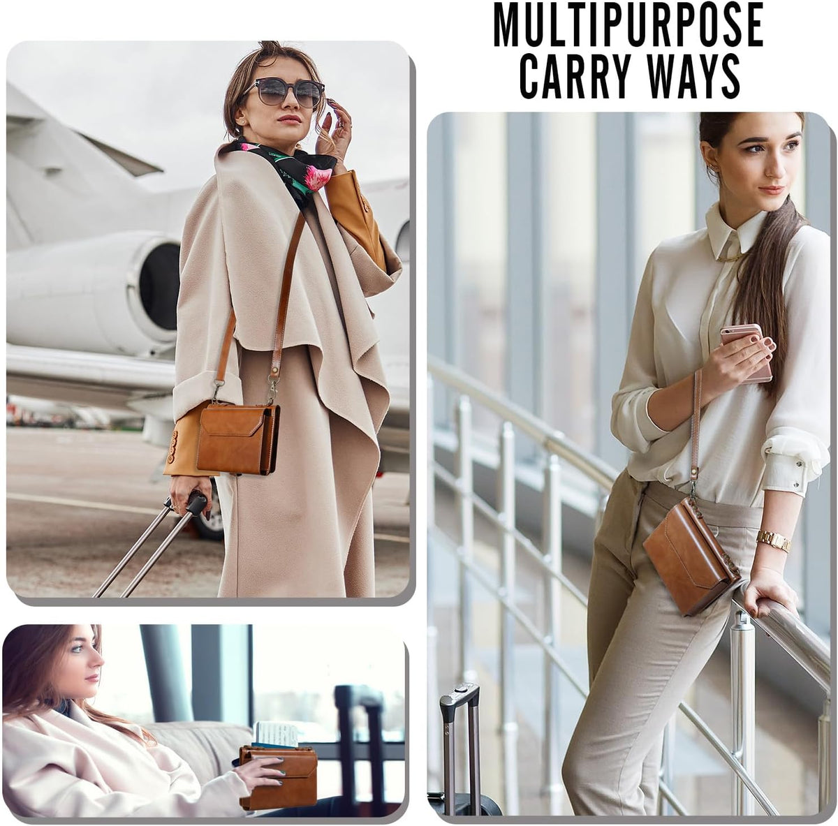 RFID Blocking Family Passport Holder Wallet,Hold 2-3 Passports for Travel with Credit Card Slots & Wrist Crossbody Strap Brown