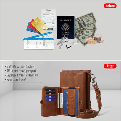 RFID Blocking Family Passport Holder Wallet,Hold 2-3 Passports for Travel with Credit Card Slots & Wrist Crossbody Strap Brown