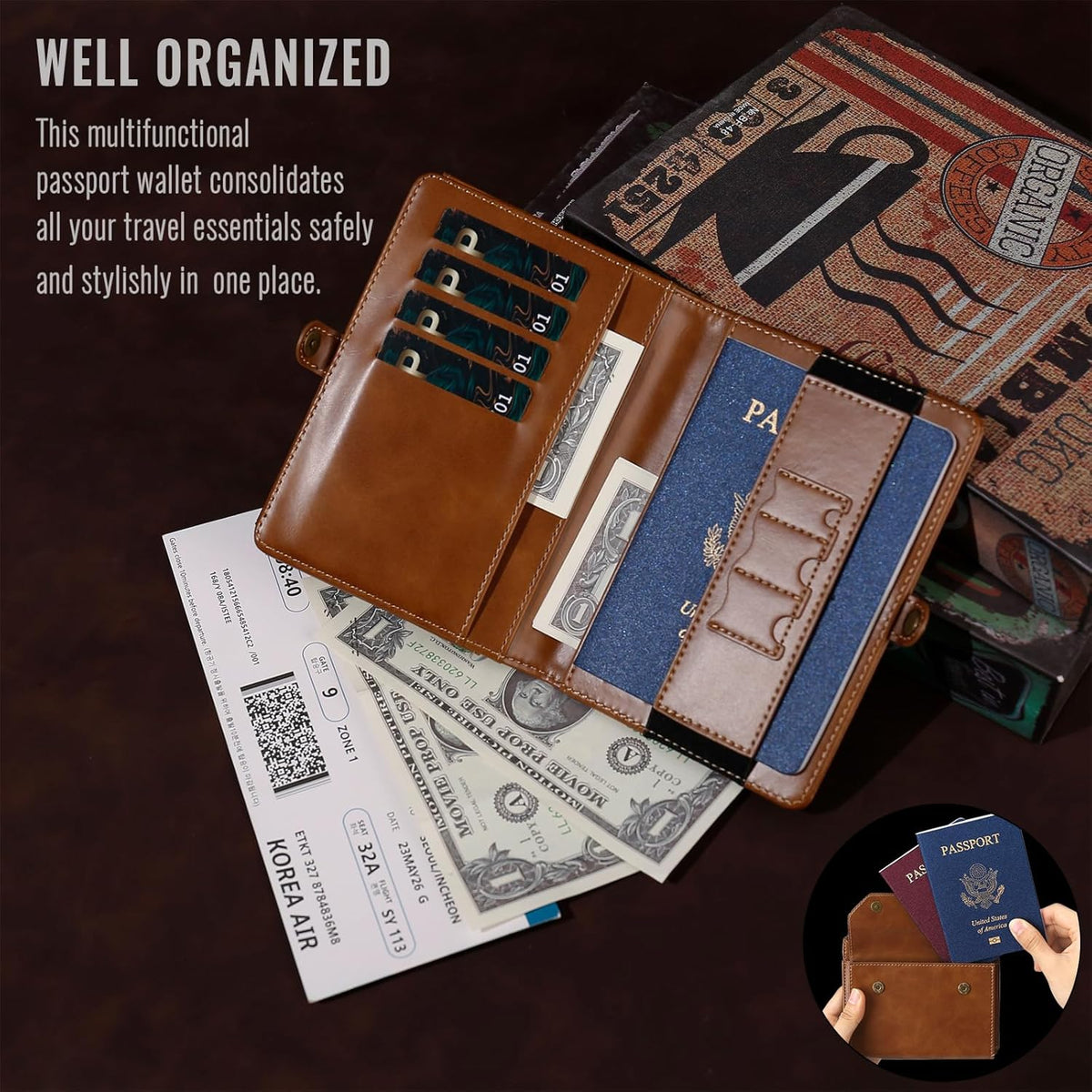 RFID Blocking Family Passport Holder Wallet,Hold 2-3 Passports for Travel with Credit Card Slots & Wrist Crossbody Strap Brown
