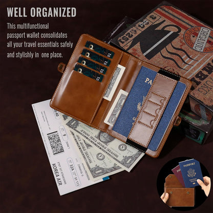 RFID Blocking Family Passport Holder Wallet,Hold 2-3 Passports for Travel with Credit Card Slots & Wrist Crossbody Strap Brown