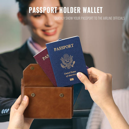 RFID Blocking Family Passport Holder Wallet,Hold 2-3 Passports for Travel with Credit Card Slots & Wrist Crossbody Strap Brown