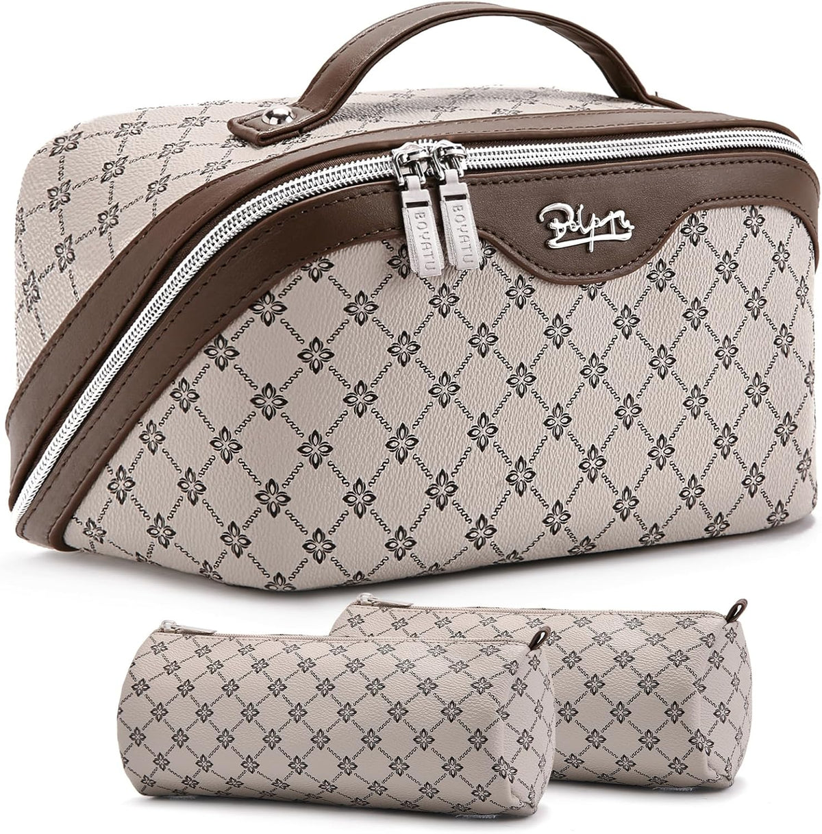 Travel Makeup Bag for Women: Large Cosmetic Bag Set of 3 - PU Leather Make up Bag with Compartments - Compact Waterproof Toiletry Bag with Divider & Handle (D-4-Red) - Colors B