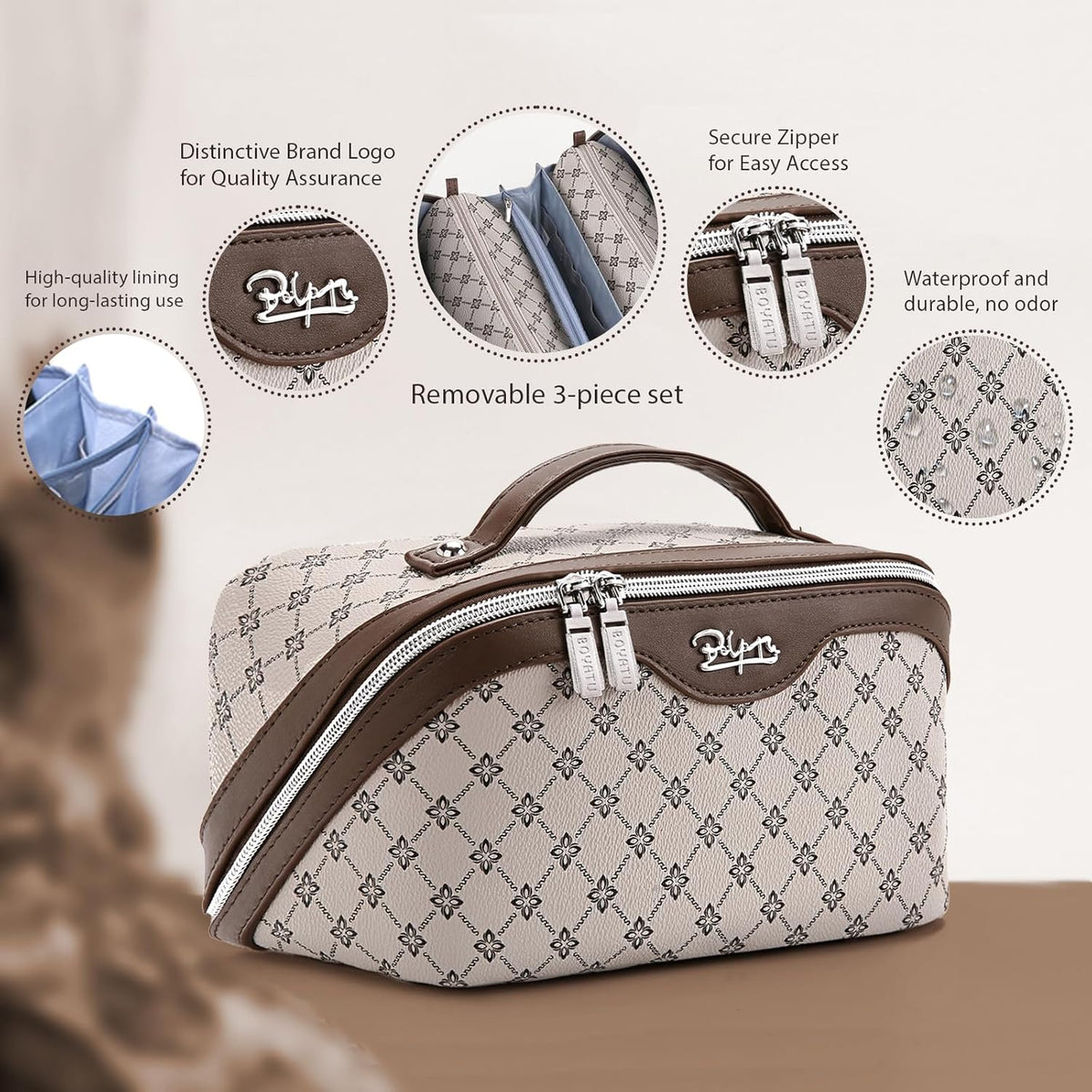 Travel Makeup Bag for Women: Large Cosmetic Bag Set of 3 - PU Leather Make up Bag with Compartments - Compact Waterproof Toiletry Bag with Divider & Handle (D-4-Red) - Colors B