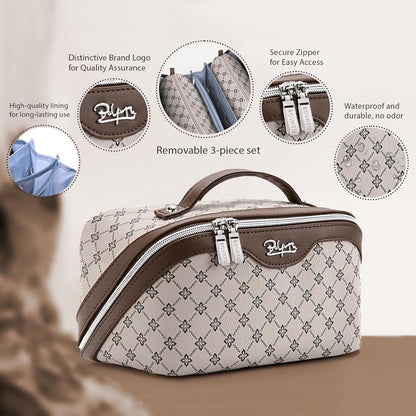 Travel Makeup Bag for Women: Large Cosmetic Bag Set of 3 - PU Leather Make up Bag with Compartments - Compact Waterproof Toiletry Bag with Divider & Handle (D-4-Red) - Colors B