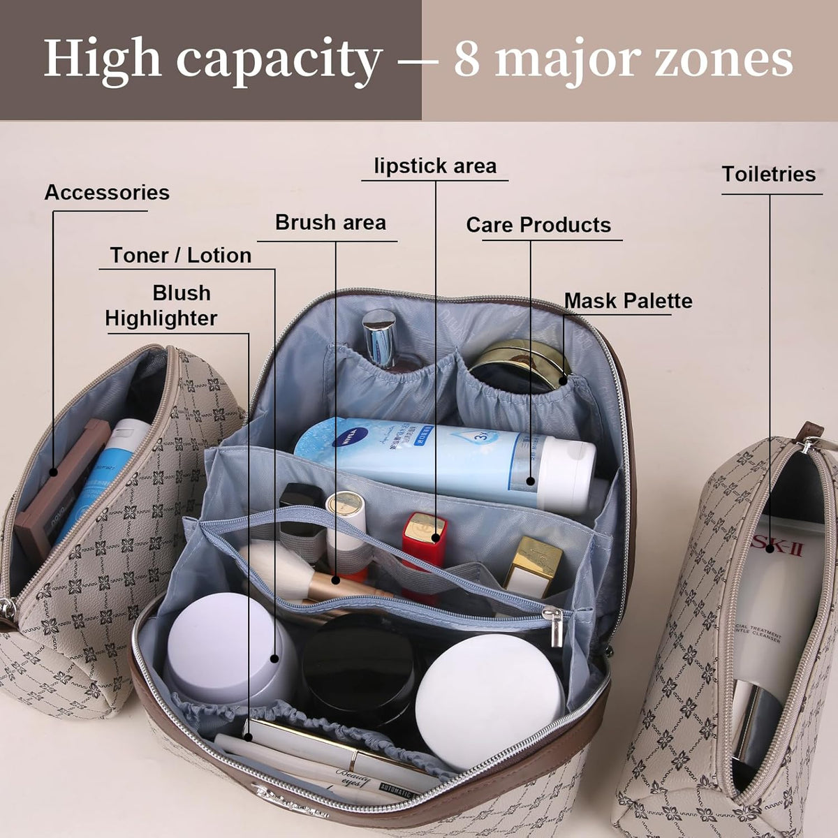 Travel Makeup Bag for Women: Large Cosmetic Bag Set of 3 - PU Leather Make up Bag with Compartments - Compact Waterproof Toiletry Bag with Divider & Handle (D-4-Red) - Colors B