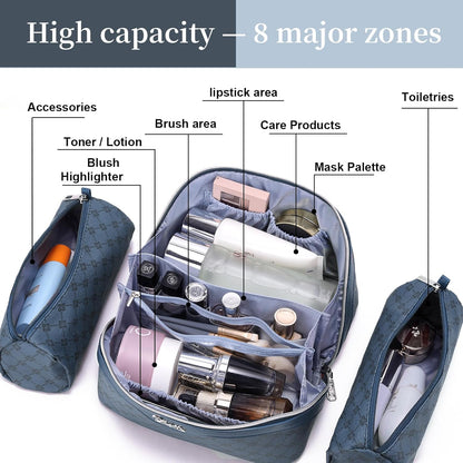 Travel Makeup Bag for Women: Large Cosmetic Bag Set of 3 - PU Leather Make up Bag with Compartments - Compact Waterproof Toiletry Bag with Divider & Handle (D-4-Red) - Colors B