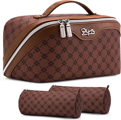 Travel Makeup Bag for Women: Large Cosmetic Bag Set of 3 - PU Leather Make up Bag with Compartments - Compact Waterproof Toiletry Bag with Divider & Handle (D-4-Red) - Colors B