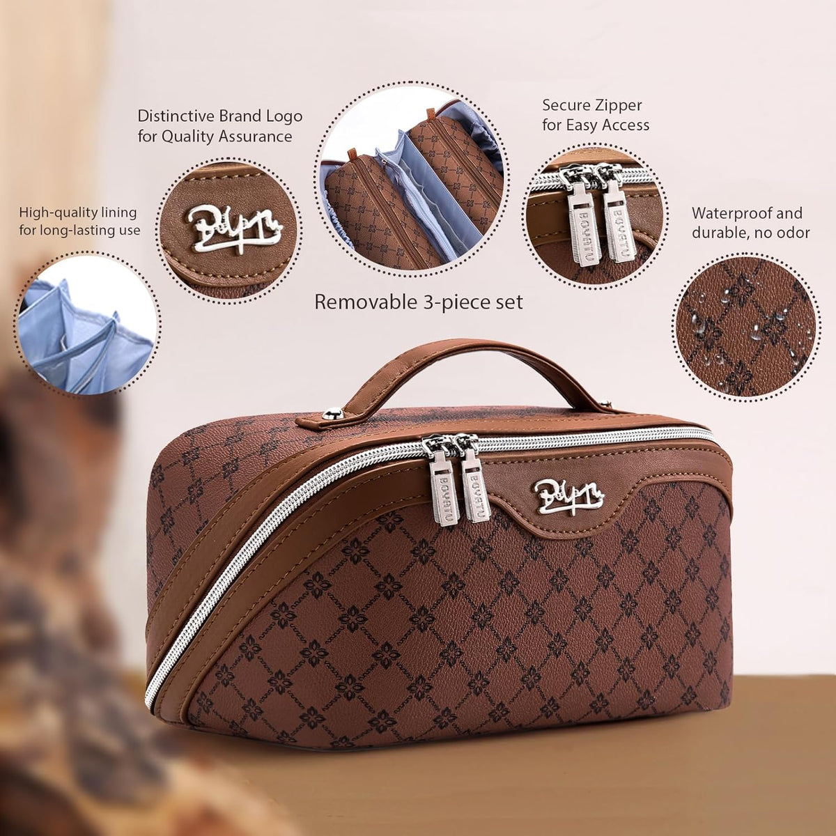 Travel Makeup Bag for Women: Large Cosmetic Bag Set of 3 - PU Leather Make up Bag with Compartments - Compact Waterproof Toiletry Bag with Divider & Handle (D-4-Red) - Colors B