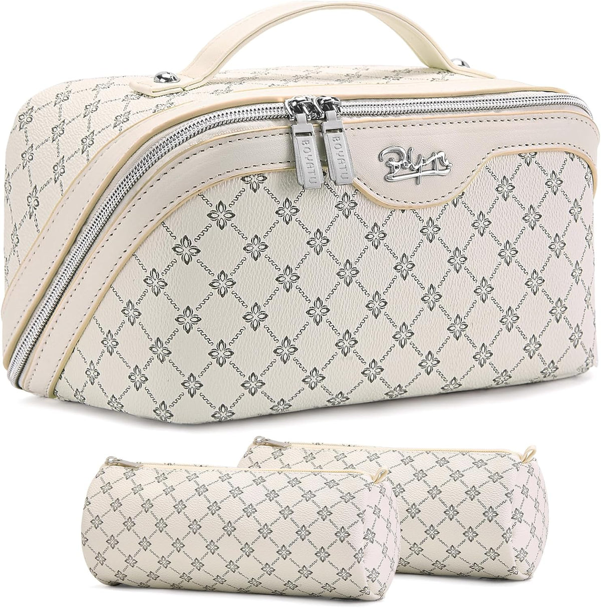 Travel Makeup Bag for Women: Large Cosmetic Bag Set of 3 - PU Leather Make up Bag with Compartments - Compact Waterproof Toiletry Bag with Divider & Handle (D-4-Red) - Colors B