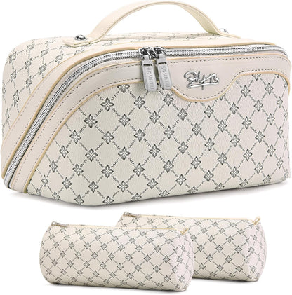 Travel Makeup Bag for Women: Large Cosmetic Bag Set of 3 - PU Leather Make up Bag with Compartments - Compact Waterproof Toiletry Bag with Divider & Handle (D-4-Red) - Colors B