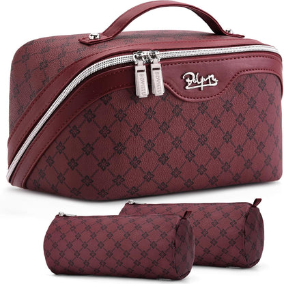 Travel Makeup Bag for Women: Large Cosmetic Bag Set of 3 - PU Leather Make up Bag with Compartments - Compact Waterproof Toiletry Bag with Divider & Handle (D-4-Red) - Colors B