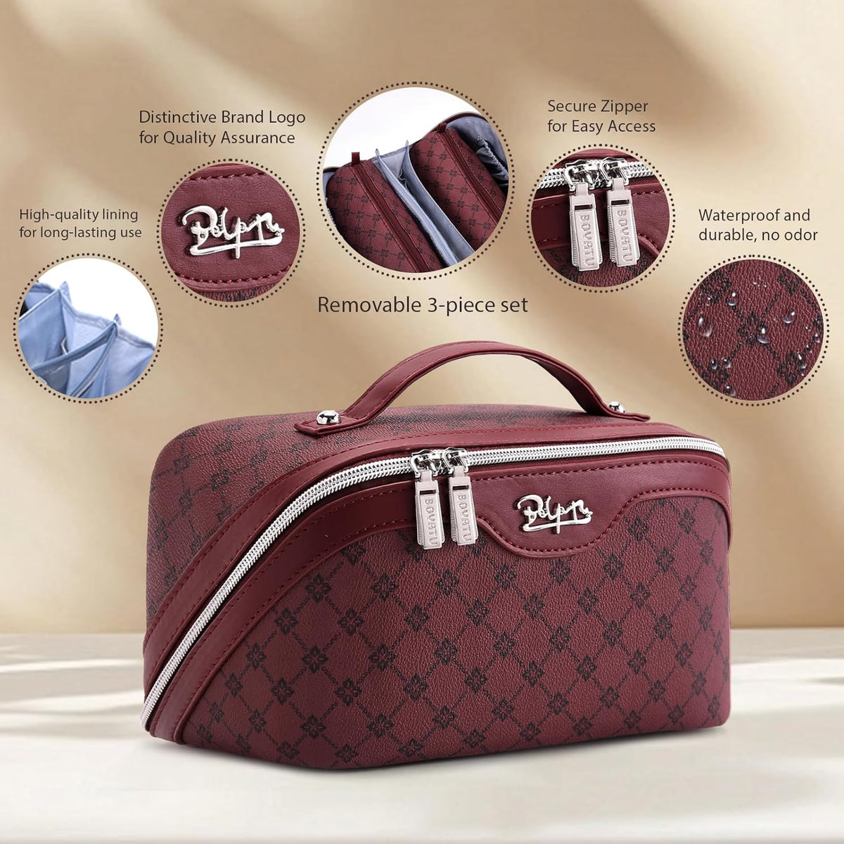 Travel Makeup Bag for Women: Large Cosmetic Bag Set of 3 - PU Leather Make up Bag with Compartments - Compact Waterproof Toiletry Bag with Divider & Handle (D-4-Red) - Colors B