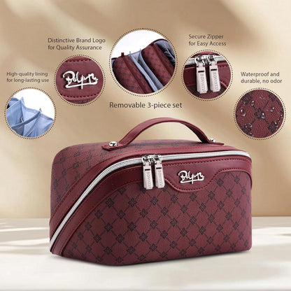 Travel Makeup Bag for Women: Large Cosmetic Bag Set of 3 - PU Leather Make up Bag with Compartments - Compact Waterproof Toiletry Bag with Divider & Handle (D-4-Red) - Colors B