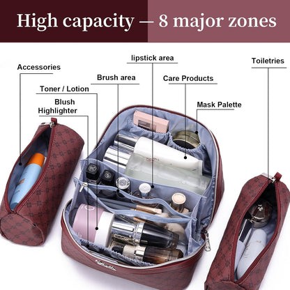 Travel Makeup Bag for Women: Large Cosmetic Bag Set of 3 - PU Leather Make up Bag with Compartments - Compact Waterproof Toiletry Bag with Divider & Handle (D-4-Red) - Colors B