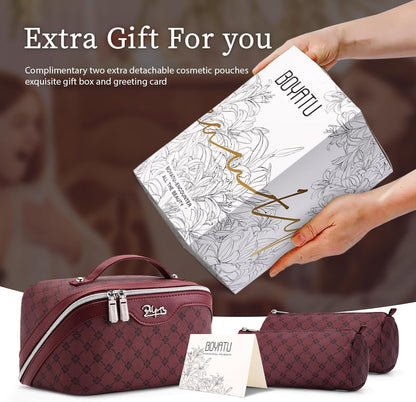 Travel Makeup Bag for Women: Large Cosmetic Bag Set of 3 - PU Leather Make up Bag with Compartments - Compact Waterproof Toiletry Bag with Divider & Handle (D-4-Red) - Colors B