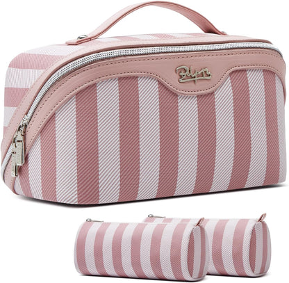 Travel Makeup Bag for Women: Large Cosmetic Bag Set of 3 - PU Leather Make up Bag with Compartments - Compact Waterproof Toiletry Bag with Divider & Handle (D-4-Red) - Colors B