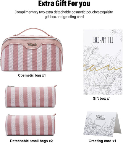Travel Makeup Bag for Women: Large Cosmetic Bag Set of 3 - PU Leather Make up Bag with Compartments - Compact Waterproof Toiletry Bag with Divider & Handle (D-4-Red) - Colors B