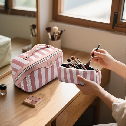 Travel Makeup Bag for Women: Large Cosmetic Bag Set of 3 - PU Leather Make up Bag with Compartments - Compact Waterproof Toiletry Bag with Divider & Handle (D-4-Red) - Colors B
