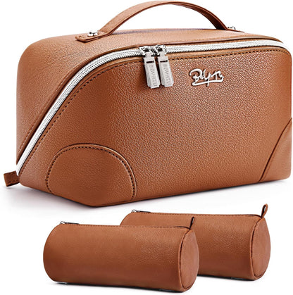 Travel Makeup Bag for Women: Large Cosmetic Bag Set of 3 - PU Leather Make up Bag with Compartments - Compact Waterproof Toiletry Bag with Divider & Handle (D-4-Red) - Colors B