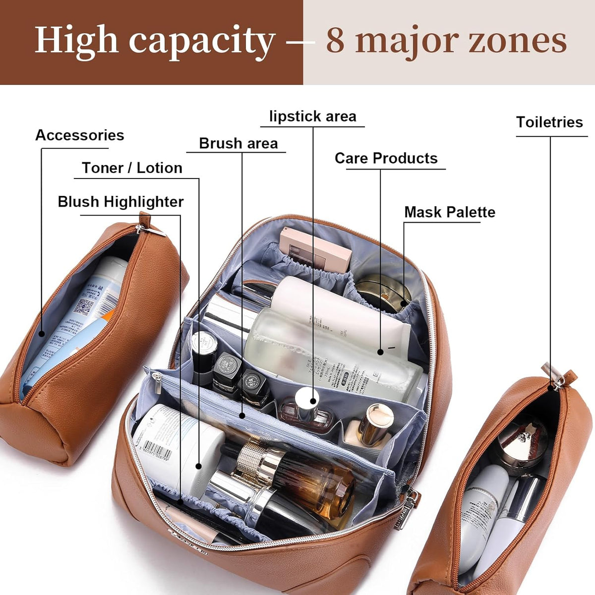 Travel Makeup Bag for Women: Large Cosmetic Bag Set of 3 - PU Leather Make up Bag with Compartments - Compact Waterproof Toiletry Bag with Divider & Handle (D-4-Red) - Colors B