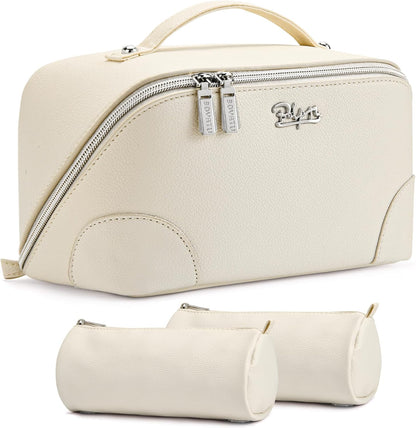 Travel Makeup Bag for Women: Large Cosmetic Bag Set of 3 - PU Leather Make up Bag with Compartments - Compact Waterproof Toiletry Bag with Divider & Handle (D-4-Red) - Colors B