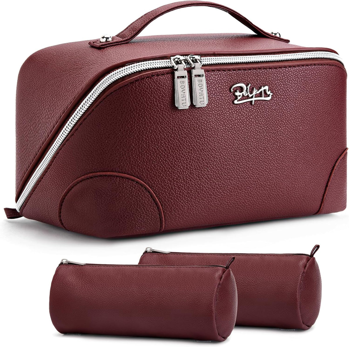Travel Makeup Bag for Women: Large Cosmetic Bag Set of 3 - PU Leather Make up Bag with Compartments - Compact Waterproof Toiletry Bag with Divider & Handle (D-4-Red) - Colors B